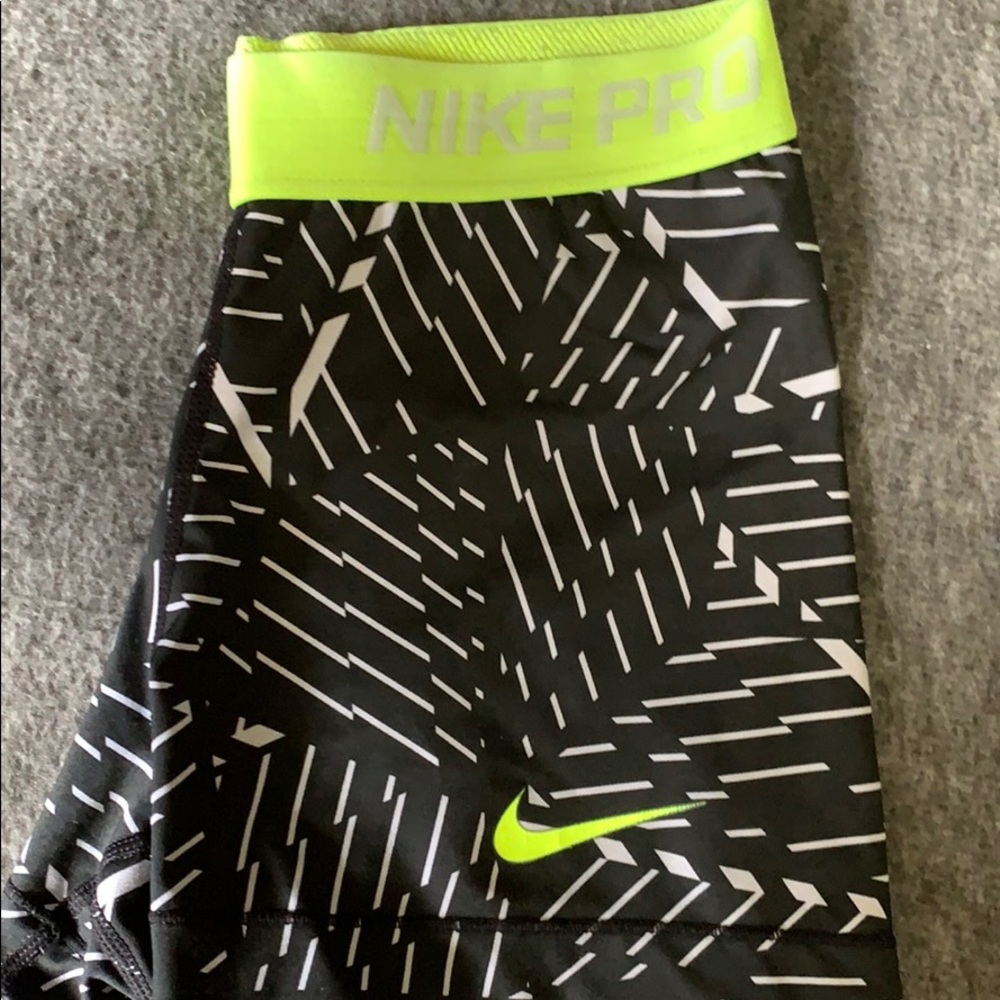 Nike Women’s Black and White Performance Shorts with Neon Yellow Waistband